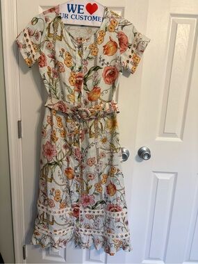 Ronner XS Floral Button-Front Midi Dress with Belt - White Multi